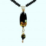 black onyx pearl and glass bead necklace, onyx flame worked glass bead and pearl pendant by Leslie Klipper Stewart of Art by LK Stewart Bend OR Sunriver OR