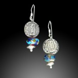 Fine silver dangle earrings with flame worked glass beads, Egyptian themed silver earrings by Leslie Stewart of Art by LK Stewart Bend OR Sunriver OR
