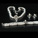 wedding jewelry, pearl and white sapphire and fine silver necklace and earrings and bracelet set, silver and pearl wedding jewelry by Leslie Klipper Stewart of Art by LK Stewart Bend OR Sunriver OR