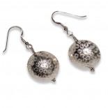 sterling silver earrings, silver earrings, snowflake earrings, disc earrings, silver dangle disc earrings by Leslie Stewart of Art by LK Stewart Bend OR Sunriver OR