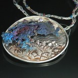Oval fine silver and titanium pendant, blue purple and silver necklace, fine silver textured pendant by Leslie Klipper Stewart of Art by LK Stewart Bend OR Sunriver OR
