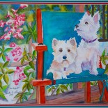 cairn terrier, west highland white terrier art, cairn terrier art, cairn terrier and westie watercolor portrait by Leslie Klipper Stewart of Art by LK Stewart Bend OR Sunriver OR